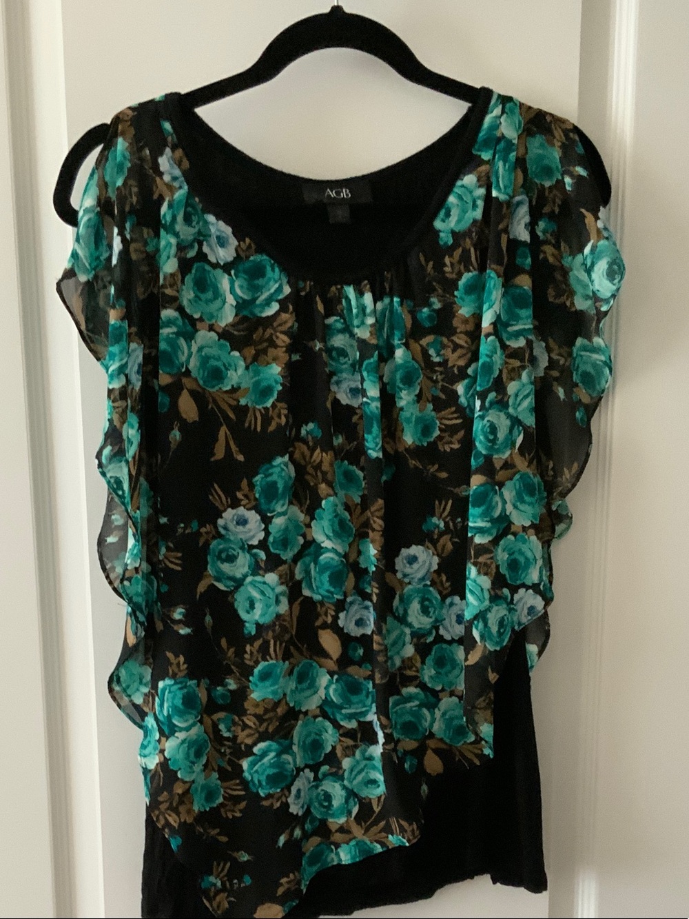AGB Teal Floral Layered Flutter Blouse on Black
